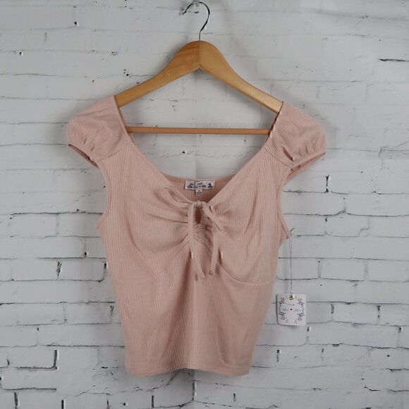 POOF NEW YORK LIGHT PINK CAP SLEEVE RIBBED CROP TOP SIZE MEDIUM NWT - Picture 1 of 8